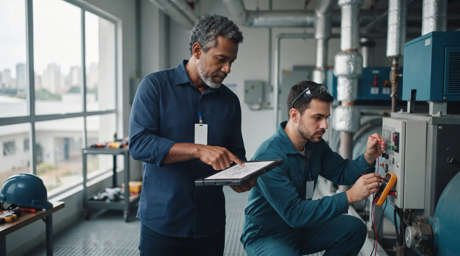 Engenheiro e técnico inspecionando a casa de máquinas