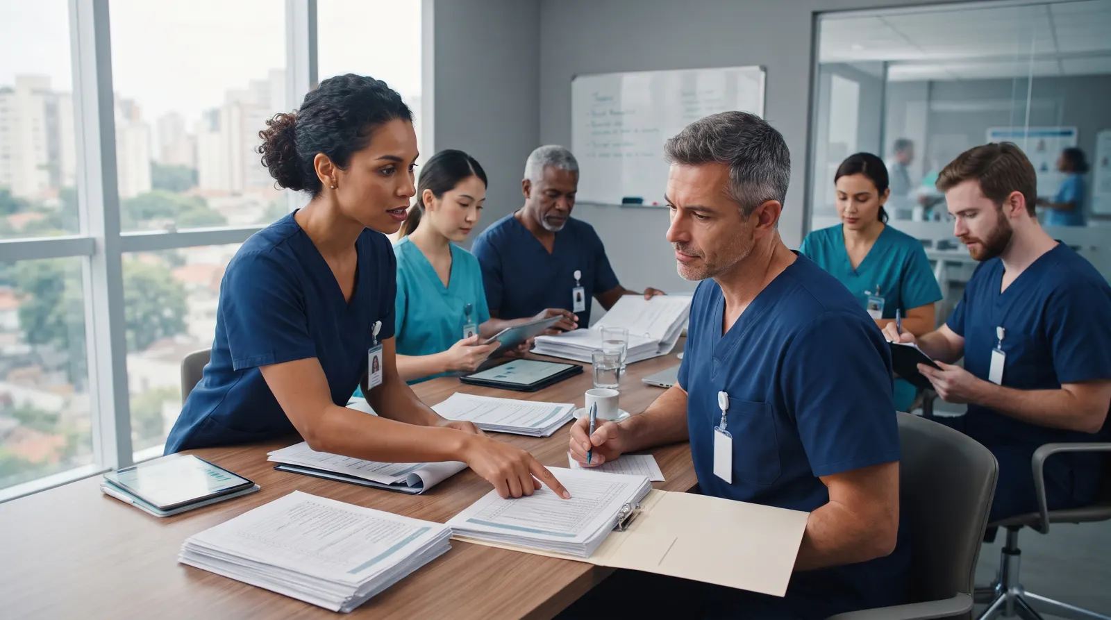 Equipe revisando checklists de auditoria