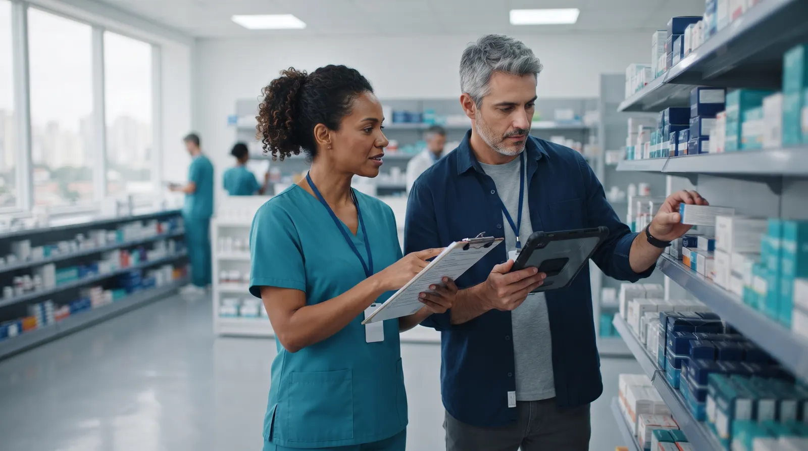 Farmacêutica e comprador conferindo estoque