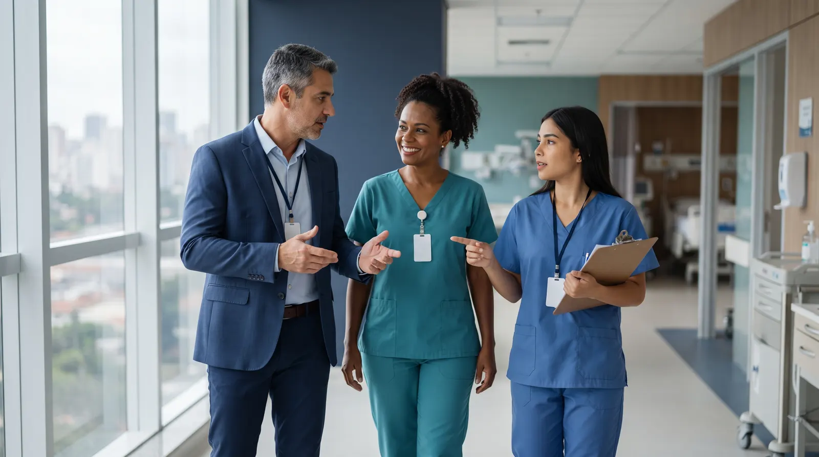 Gestor conversando com enfermeiras no corredor do hospital