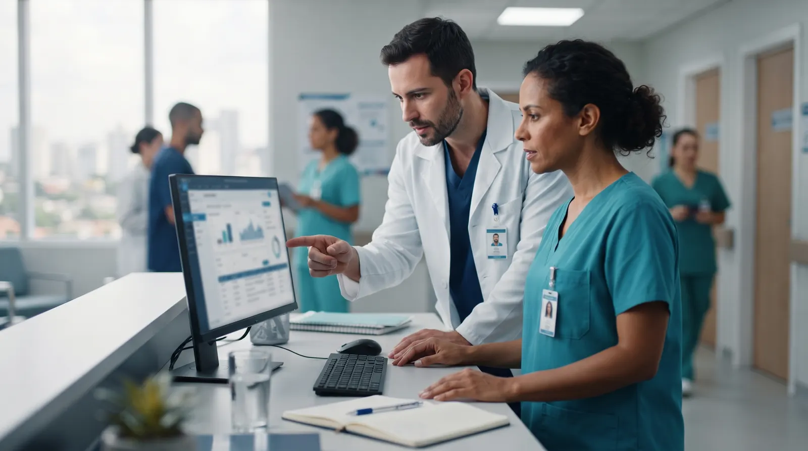 Médico e enfermeira usando sistema no computador